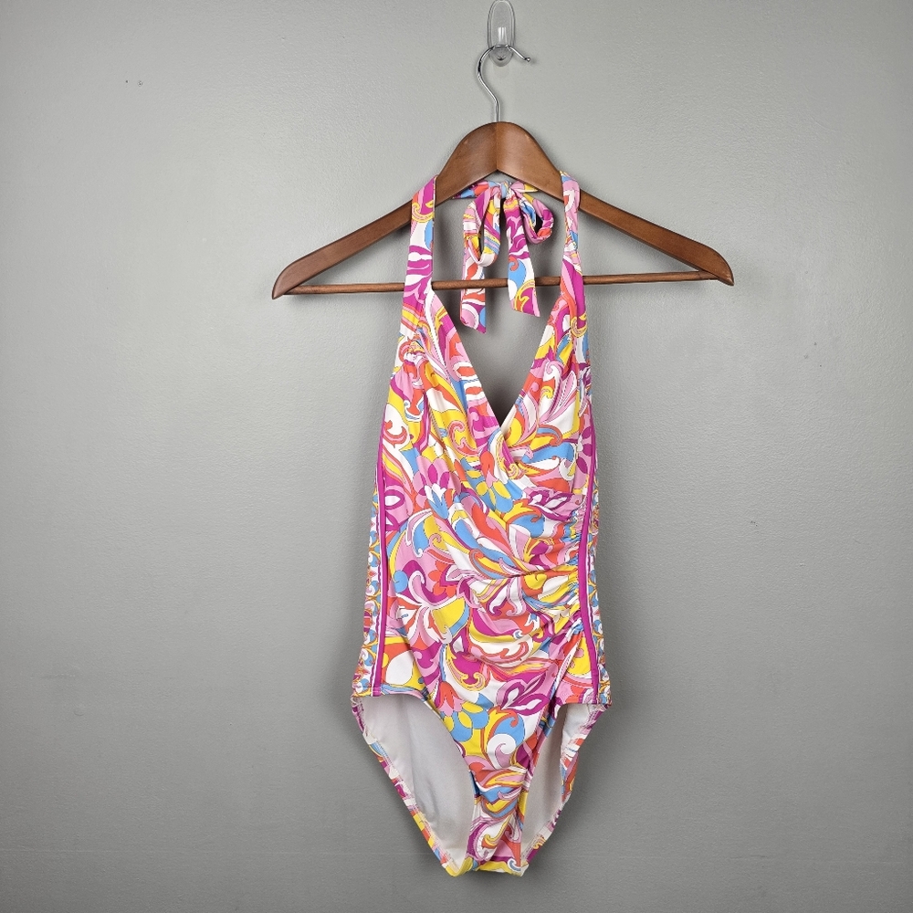 Carmen Marc Valvo Colorful Swirl Halter One-Piece Swimsuit Womens Size 8 - Picture 2 of 10